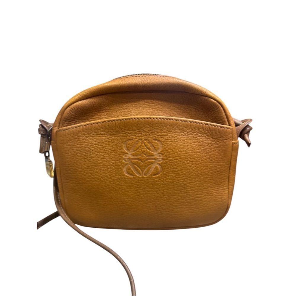 LOEWE Camel Leather Brown Strap Roeva Anagram Shoulder Crossbody Bag Pouchette